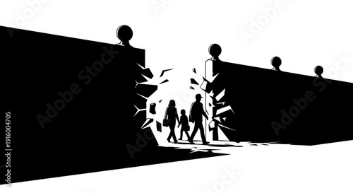 Black silhouette illustration of a diverse family walking through a broken wall, symbolizing access to social welfare and legal protection on World Day of Social Justice, promoting gender