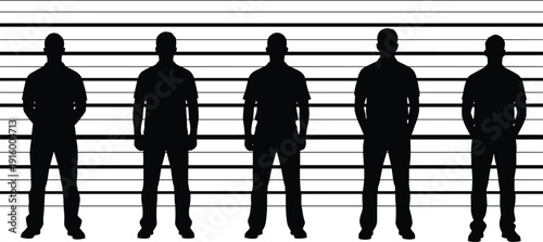 Police lineup suspect silhouettes identification scene, criminal cad drawing flat vector illustration isolated on white background