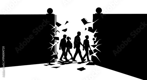 Black silhouette illustration of people walking through a broken wall, symbolizing access to social welfare and legal protection on World Day of Social Justice, promoting gender equality