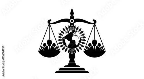 Black silhouette illustration of balanced scales with people icons and a sunburst design, symbolizing social justice and equality on World Day of Social Justice.