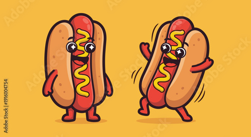 Cartoon Hot Dogs with Facial Expressions.