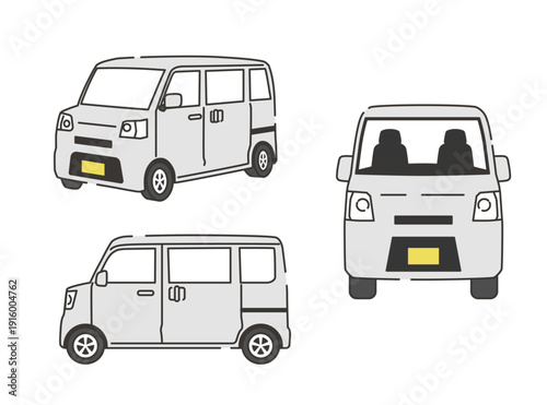 軽バンのイラストセット 正面・横・ななめアングル