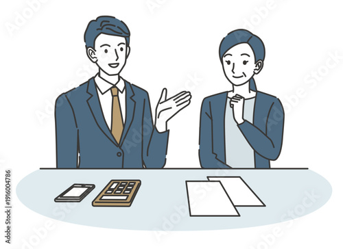 査定について説明を受ける女性のイラスト