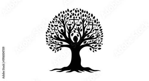 Black silhouette illustration of a tree with intertwined human figures forming the branches, symbolizing social justice and unity on World Day of Social Justice.