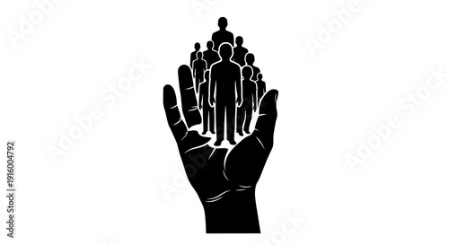 Black silhouette illustration of a hand with people standing on it, symbolizing social justice and equality on World Day of Social Justice, with a simple design and solid white background.