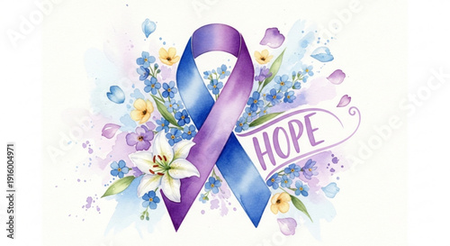 Purple awareness ribbon with flowers and 'hope' banner for support and encouragement