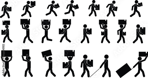 Worker carrying box icon set collection, delivery logistics cad drawing flat vector illustration isolated on white background