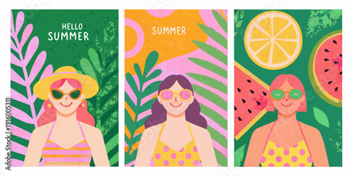 Colorful summer illustration featuring women fruits and tropical leaves in panels