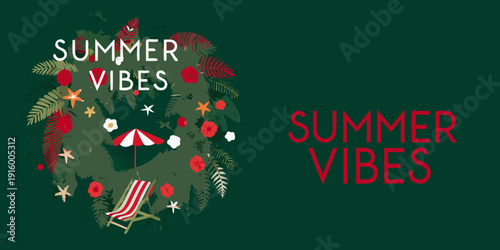 Summer vibes with tropical leaves beach chair and vibrant red accents