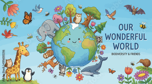 Smiling Earth vector illustration with animals, biodiversity celebration, nature elements, cheerful environment design, Our Wonderful World banner, colorful wildlife harmony artwork, eco-friendly.