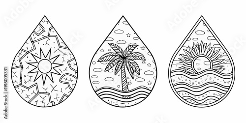 Three teardrop shaped illustrations featuring sun palm tree and wave designs
