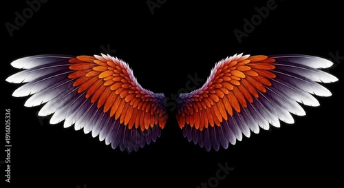 Vibrant angel wings spread wide with orange purple feathers