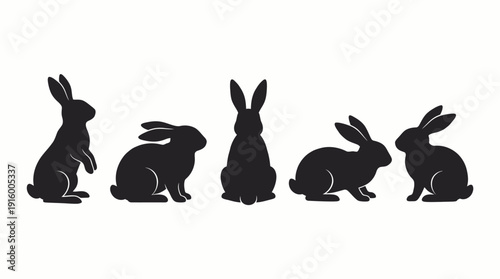 Rabbit silhouettes vector illustration with five poses, black and white design, animal posture comparison, artistic reference, minimal style, educational wildlife outline sketch vector graphic