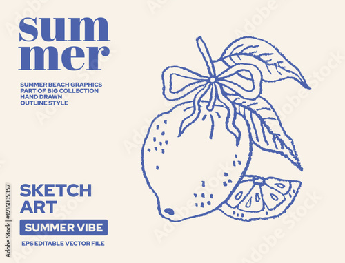 Lemon illustration, line sketch doodle icon. Hand drawn lemon, lime tree fruit with leaf and coquette bow. Sicilian or Amalfi citrus fruit, leaves, ribbon. Outline doodle poster. Mediterranean design