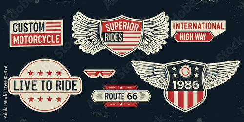 Vintage motorcycle emblem collection with wings flags and classic route signage