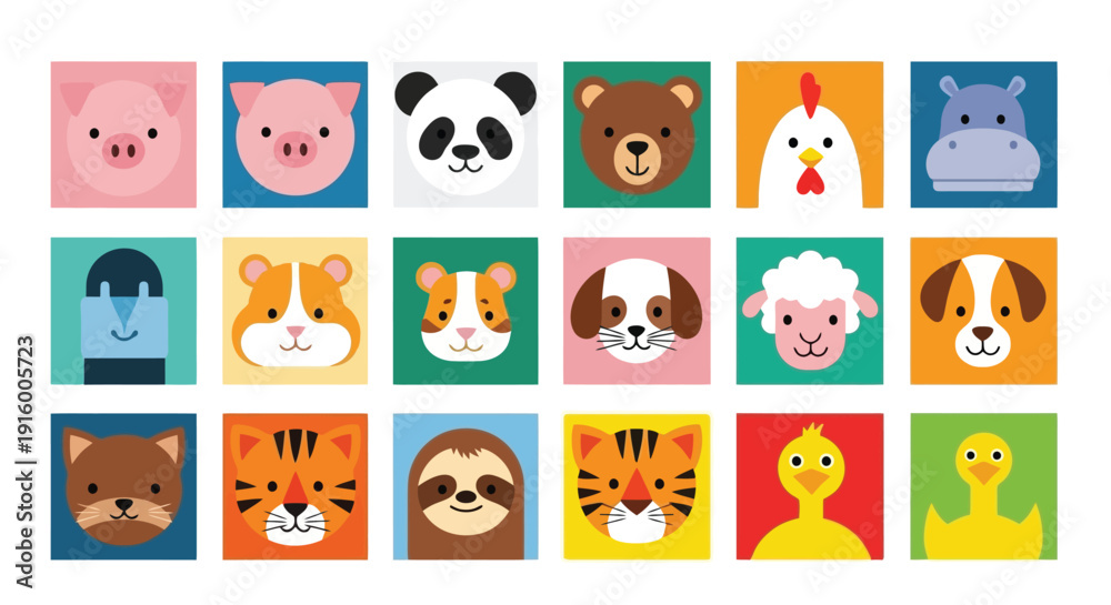 Fototapeta premium Collection of various animal faces in square frames, showcasing a diverse range of cute and friendly creatures.