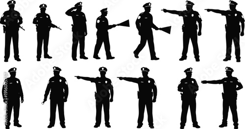 Police Officer Silhouettes Law Enforcement Poses Collection with vector illustration