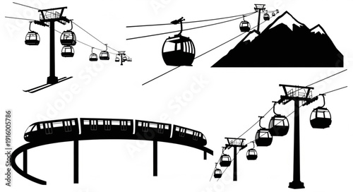 Set of cable cars and monorail transport systems.