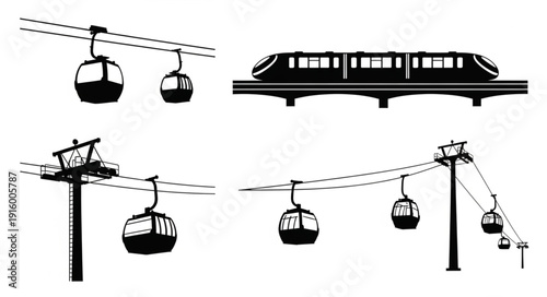 Set of cable cars and monorail train silhouettes.