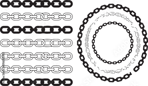 Monochrome set different type of metal chains in silhouette style. Seamless shape, for graphic design of logo, emblem, symbol, sign, badge, label, stamp, isolated on white background