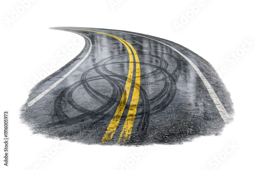 Winding asphalt road with tire skid marks, yellow double lines, and white solid line, transparent background