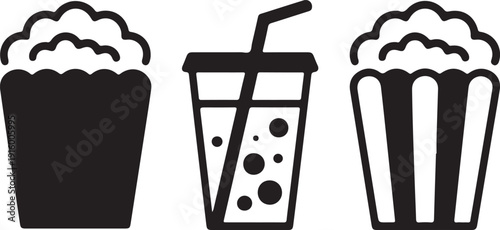 Monochrome illustrations of popcorn and beverage cups representing cinema refreshments