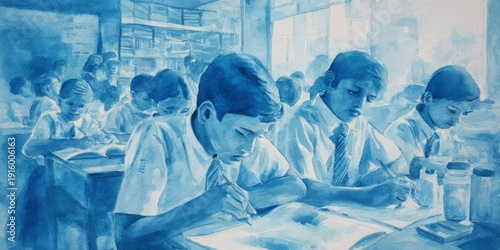 watercolor, group of young indian students in uniform sitting at desks and working together, soft blue color palette, bright light, detailed background of a classroom setting.