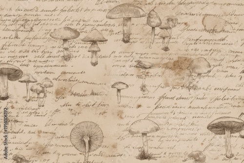 a pattern of vintage mushrooms on handwritten script paper, faded and aged.
