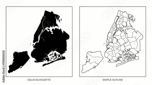 New York City Map Vector – NYC Silhouette and Outline Comparison, Borough Boundaries, Geographic Details, Urban Cartography Styles, Black and White City Graphics