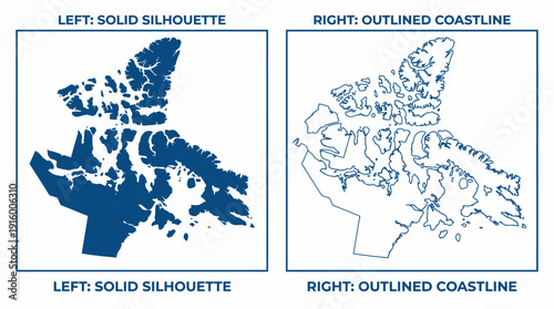 Canada Arctic Archipelago Map Vector – Solid Silhouette vs Outlined Coastline Comparison, Geographic Detail, Islands, Cartography Styles, Educational and Analytical Graphics