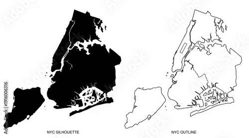 New York City Map Vector – NYC Silhouette and Outline Comparison, Borough Boundaries, Geographic Details, Urban Cartography Styles, Black and White City Graphics
