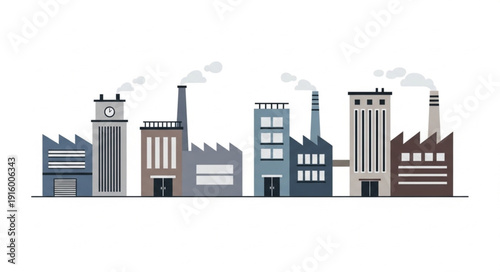 Row of industrial factory buildings with smoke stacks emitting smoke.