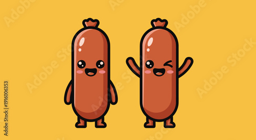 Two Cartoon Sausages with Funny Faces.