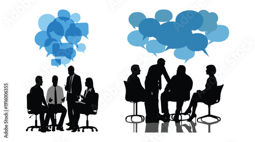 Team collaboration and communication silhouettes with speech bubbles