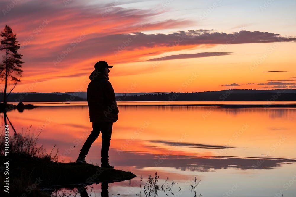 Fototapeta premium Man standing alone by serene lake at vibrant sunset