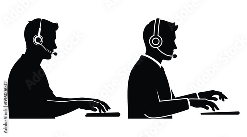 It consultant silhouette with headset working on computer