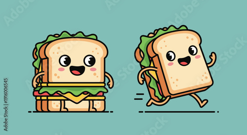 Cartoon Sandwich Characters Running and Standing.