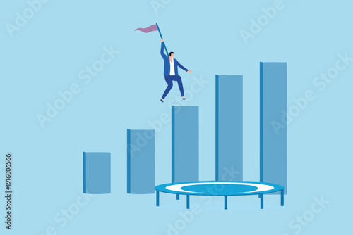 Business person jumping on a trampoline reaching for a flag on top of bars