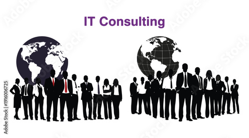 It consulting team silhouette with world globes
