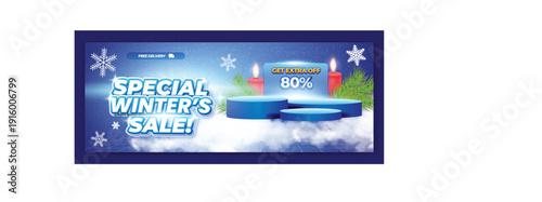 A digital advertisement for a special winter sale with a blue and white color scheme