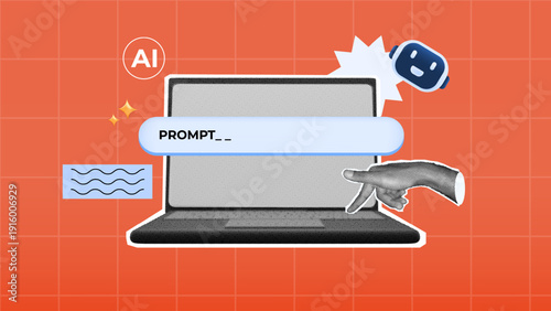 halftone collage pointing hand of a laptop with AI prompt bar, robot icon, and symbolizing artificial intelligence tools, prompt engineering, digital creativity, and modern tech workflow