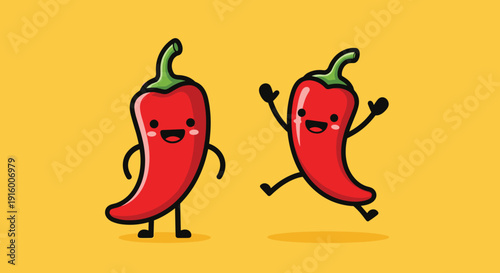 Cartoon Chili Peppers with Funny Faces.