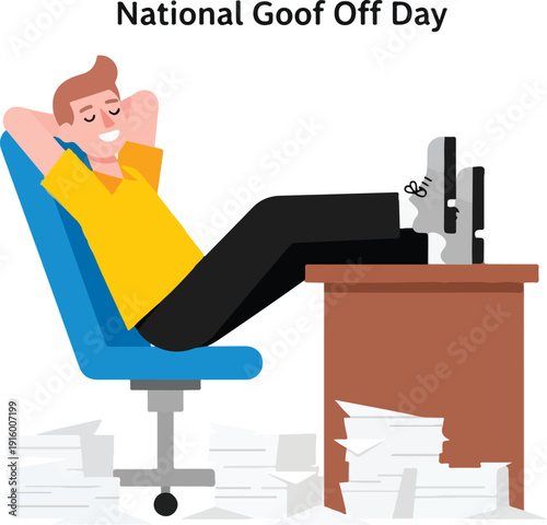 Man relaxing at desk on National Goof Off Day with feet up