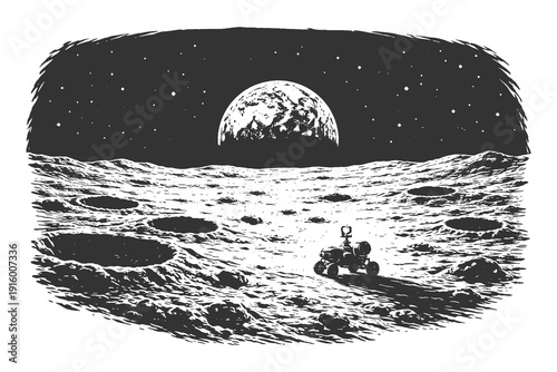 Lunar rover exploring the cratered surface of the moon with Earth in the night sky, vintage hand drawn engraving style space exploration and astronomy art.