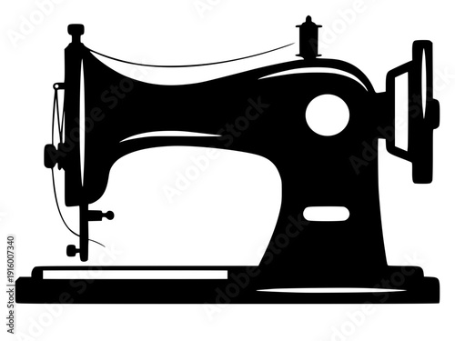 black silhouette of a vintage sewing machine. This minimalist graphic illustration features the classic profile of an antique manual sewing machine