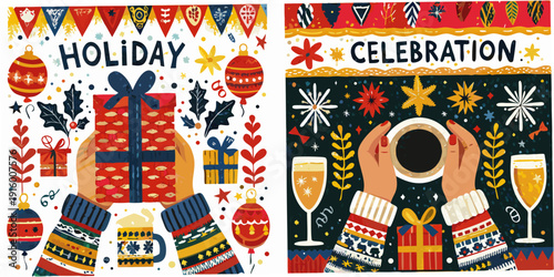 Festive holiday illustrations with gifts champagne and celebratory decorations