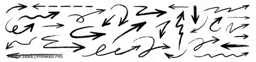 Arrow hand drawn brush line set. Arrow line hand drawn brush chalk pencil crayon stroke marker paint..Rough scribble doodle sketchy underline curve wave angle swirl crayon texture. Vector illustration