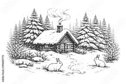 Cozy winter log cabin in a snowy pine forest with cute rabbits, vintage hand drawn engraving style Christmas and winter season nature illustration.