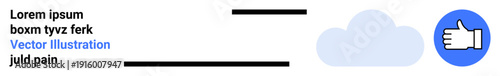 Social media engagement, digital feedback, online communication, content sharing, user connection, internet interaction. Blue thumbs-up icon beside text and cloud graphic. Social media engagement
