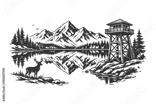 Vintage engraving vector illustration of a scenic mountain lake with a wooden watchtower and deer, classic wilderness landscape nature design.
